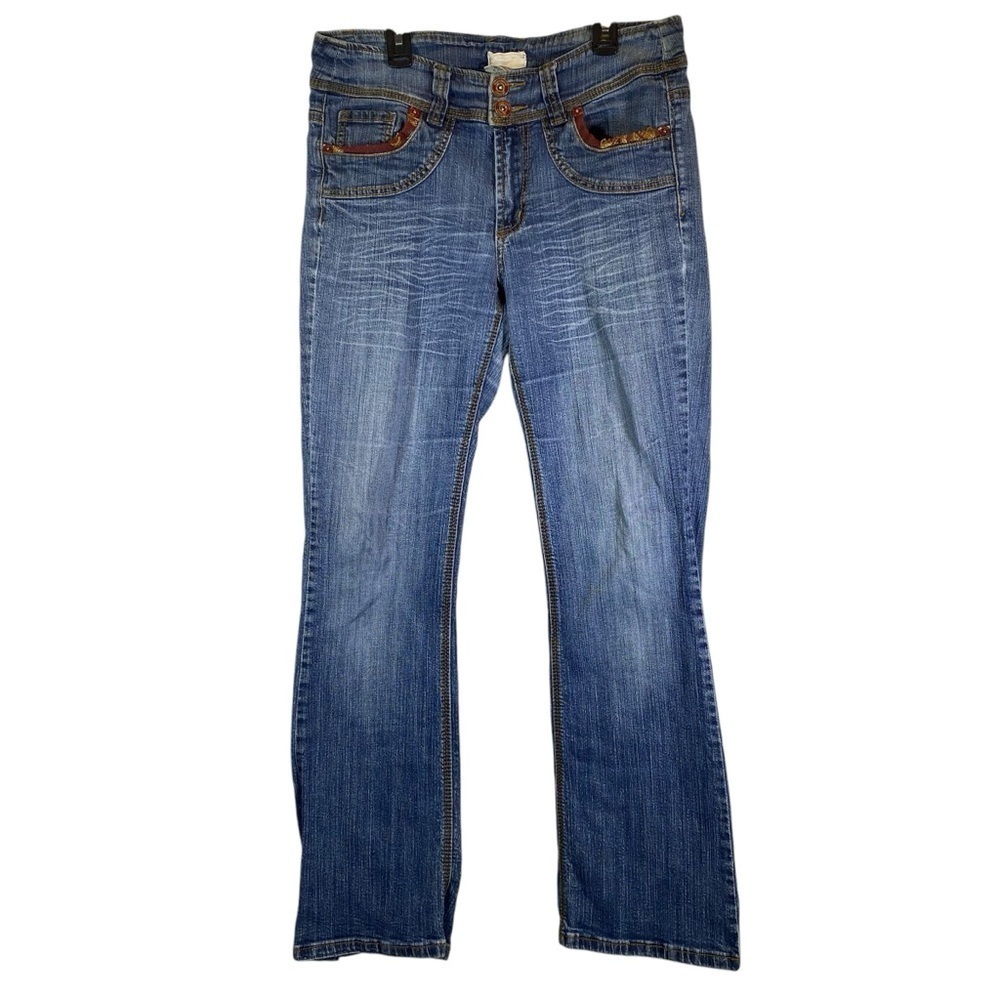 DEPARTMENT OF PEACE Women's size 10 denim bootcut distressed embellished jeans
